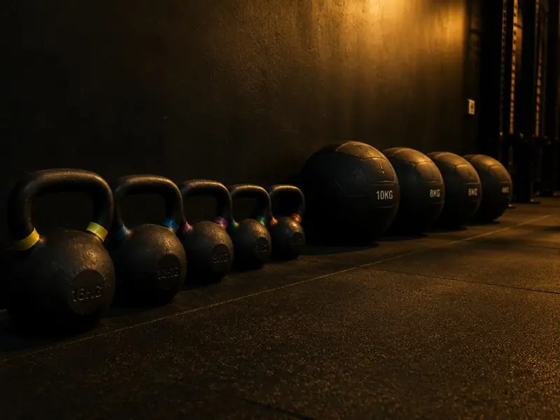 Kettlebells and medicine balls lined up along the wall of a dark training floor